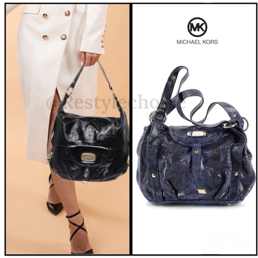 Michael Kors brimfied Papis Blue Python embossed leather shoulder hand bag